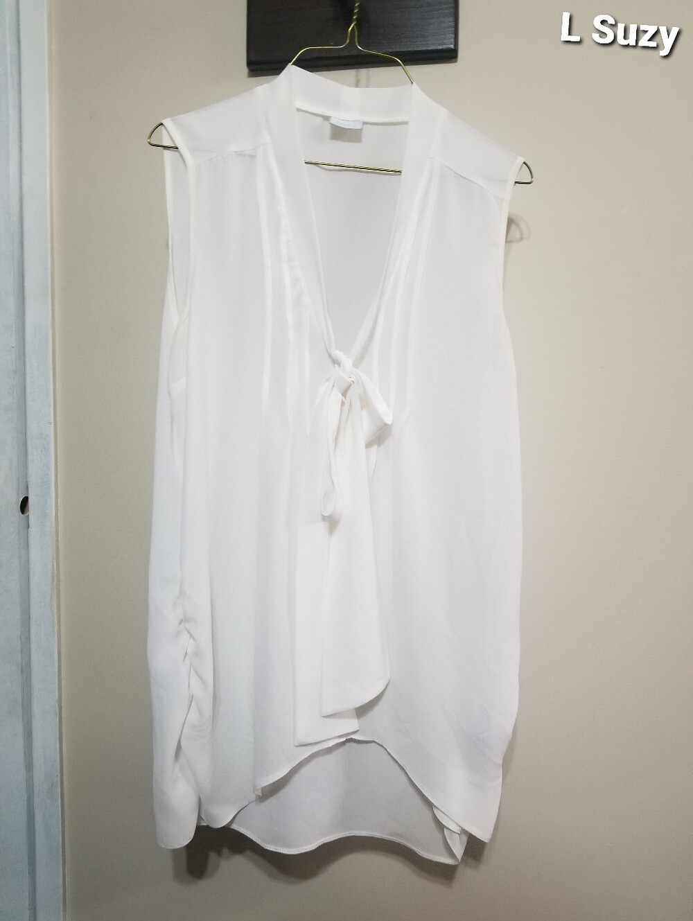 Suzie White Sleeveless Tie-Neck Blouse - Large Semi Sheer